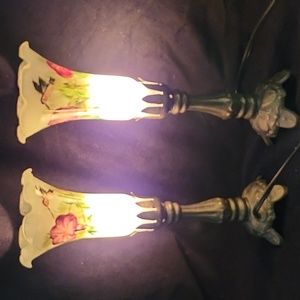 Lily Pad Table Lamp Brass Foot Handpainted Glass Shade Hummingbird & Flowers